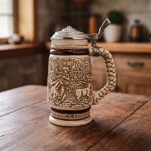 Avon 1980  Western Round Up Stein Pewter Lid Ceramarte